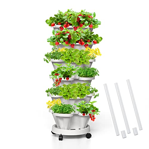 Tectsia Vertikale Pflanzgefäße für Erdbeeren, 6-stöckig, stapelbar, für den Garten mit Stützstange, stapelbare Kräuter-Gemüse-Pflanzgefäße für drinnen und draußen, Weiß von Tectsia