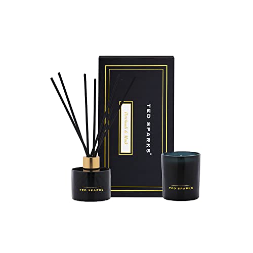 Ted Sparks Moss & Sandalwood Set Duftkerze & Diffuser Black Geschenkset aus Sojawachs hergestellt, Diffuser enthält 8 schwarze Faserstäbchen, bis zu 3 Monate lang Duft, TED-GB-M-CD06 von Ted Sparks