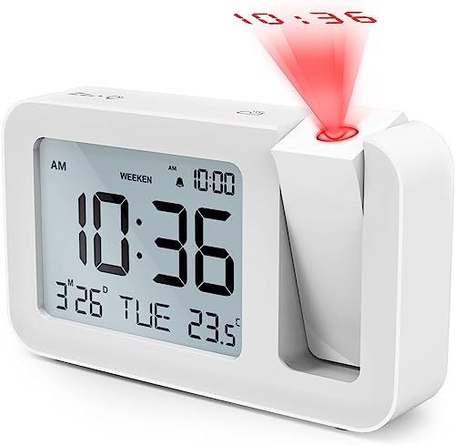 Projektionswecker, TedGem Reisewecker Digitaler Wecker Tischuhr 3,8 "LCD Anzeige, Große Anzahl, 4 Helligkeit, 9 Min Snooze, 2 Alarmtöne, für Schlafzimmer, Büro, Küche (Weiß) von TedGem