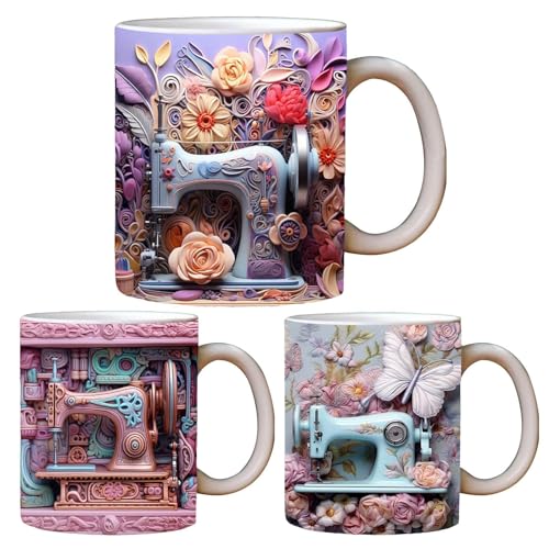 3D Nähmaschinen Tasse | 1/3 Stk Keramik Nähmaschinen Kaffeetasse | Neuartige Kaffeebecher mit flachem Blumen-Schnittmuster | Milchbecher Teetassen Home Deko Weihnachtsgeschenke für Nähliebhaber von Tedious