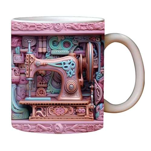 3D Nähmaschinen Tasse | 1/3 Stk Keramik Nähmaschinen Kaffeetasse | Neuartige Kaffeebecher mit flachem Blumen-Schnittmuster | Milchbecher Teetassen Home Deko Weihnachtsgeschenke für Nähliebhaber von Tedious