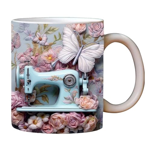 3D Nähmaschinen Tasse | 1/3 Stk Keramik Nähmaschinen Kaffeetasse | Neuartige Kaffeebecher mit flachem Blumen-Schnittmuster | Milchbecher Teetassen Home Deko Weihnachtsgeschenke für Nähliebhaber von Tedious