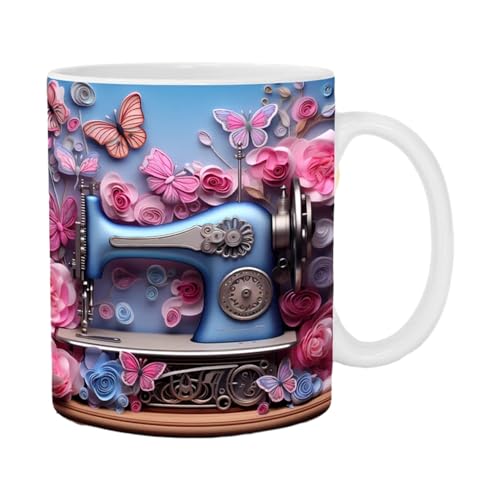 tedious 3D Nähmaschinen Tasse | Nähmaschine Kaffeebecher Keramik | Neuartige Kaffeetasse mit flachem Blumenmuster Bemalt | Langlebige Milchbecher, Teetassen, Home Deko, Weihnachts-Nähgeschenke von Tedious