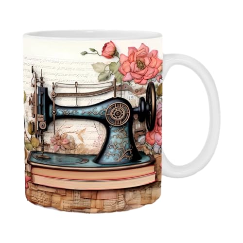 Tedious 3D Nähmaschinen Tasse | Nähmaschine Kaffeebecher Keramik | Neuartige Kaffeetasse mit flachem Blumenmuster Bemalt | Langlebige Milchbecher, Teetassen, Home Deko, Weihnachts-Nähgeschenke von Tedious