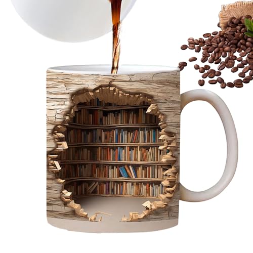 Bücherregal Tasse Becher | 1/3 Stk Keramik Kaffeetasse Book Lovers Geschenke | Neuartige Kaffeebecher mit Flachem 3D-Muster | Langlebige Milchbecher Teetassen Home Deko Weihnachtsgeschenke für Buchli von Tedious