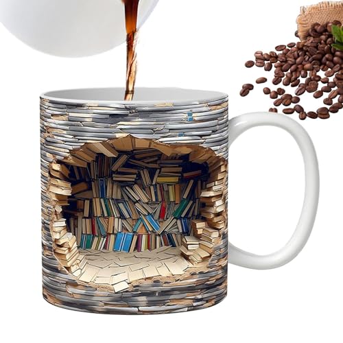 Bücherregal Tasse Becher | 1/3 Stk Keramik Kaffeetasse Book Lovers Geschenke | Neuartige Kaffeebecher mit Flachem 3D-Muster | Langlebige Milchbecher Teetassen Home Deko Weihnachtsgeschenke für Buchli von Tedious