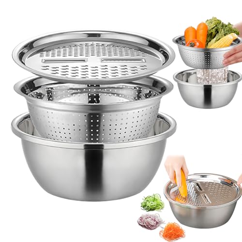 Tedious Multifunktionaler Edelstahlbehälter | 3-in-1 Rührschüssel mit Reibe und Sieb | Küchenbecken Abflusskorb mit Obst- und Gemüseschneider | Metall Sieb mit Schüssel für Küchenhelfer von Tedious