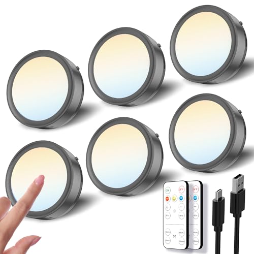 Dimmbar LED Spot mit Akku und Fernbedienung, Schwarz USB Aufladbar Vitrinenbeleuchtung Kabellos Magnet Unterbauleuchte Küche LED Rund Klebeleuchte Touch Lampe Batterie Schrankbeleuchtung zum Kleben von Tedmos