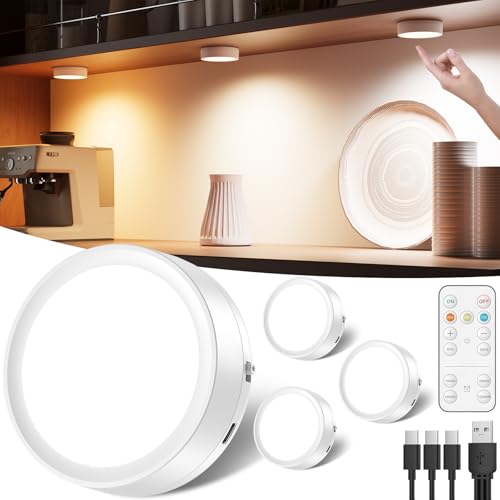 LED Spot Akku USB Aufladbar, 2400mAh Batteriebetrieben Kabellos Vitrinenbeleuchtung mit Fernbedienung Timer Magnetisch Unterbauleuchte Küche Ohne Kabel Rund Dimmbar Spotlight für Schrank Regal Vitrine von Tedmos