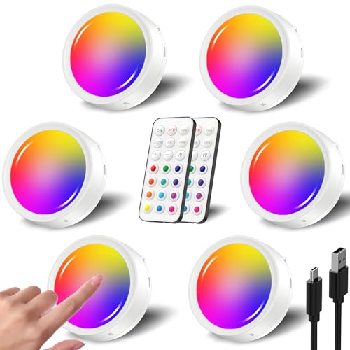 RGB LED Spot Akku USB Aufladbar, 1600mAh Batteriebetrieben Farbwechsel Vitrinenbeleuchtung Kabellos mit Fernbedienung und Timer Unterbauleuchte Küche LED Rund Dimmbar Magnetish Touch Schrankleuchten von Tedmos