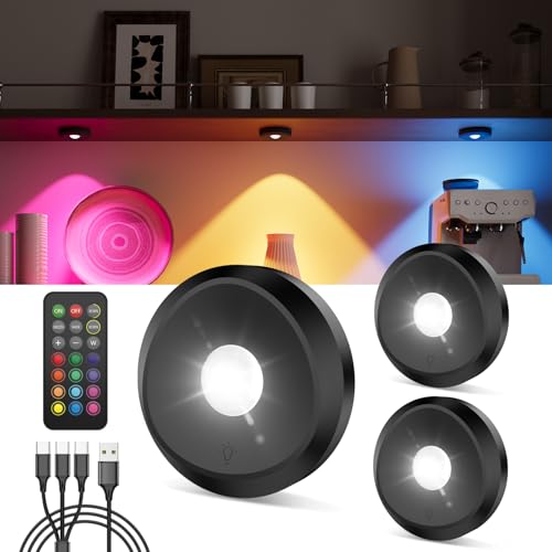 RGB LED Spot Akku USB Aufladbar, 2400mAh Vitrinenbeleuchtung Kabellos mit Fernbedienung Timer Unterbauleuchte Küche Rund Schranklicht Magnet Klebelicht Farbwechsel Spotlight für Schrank Regal Vitrine RGB LED Spot Akku USB Aufladbar, 2400mAh Vitrinenbeleuchtung Kabellos mit Fernbedienung Timer Unterbauleuchte Küche Rund Schranklicht Magnet Klebelicht Farbwechsel Spotlight für Schrank Regal Vitrine von Tedmos