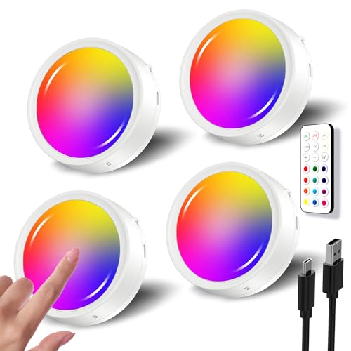 RGB LED Spot Akku mit Fernbedienung, 1600mAh USB Aufladbar Vitrinenbeleuchtung Kabellos Dimmbar Unterbauleuchte Küche LED Rund Magnet Schranklicht zum Kleben LED Spot Batterie mit Farbwechsel Timer von Tedmos