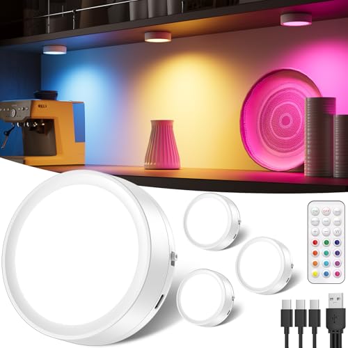 RGB LED Spot Akku mit Fernbedienung, 1600mAh USB Aufladbar Vitrinenbeleuchtung Kabellos Dimmbar Unterbauleuchte Küche LED Rund Magnet Schranklicht zum Kleben Spot Batterie mit Farbwechsel Timer von Tedmos