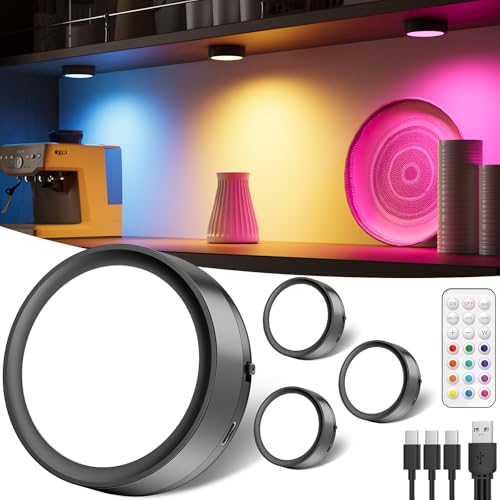 RGB LED Spot Akku mit Fernbedienung, Schwarz USB Aufladbar Vitrinenbeleuchtung Kabellos Dimmbar Unterbauleuchte Küche LED Rund Farbwechsel Spot Batterie Klebelicht Schranklicht mit Magnet und Timer von Tedmos