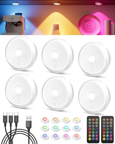 RGB Vitrinenbeleuchtung LED Kabellos mit Fernbedienung, 13 Farbig 2400mAh LED Spot Akku USB Aufladbar Unterbauleuchte Küche Flach Rund Schranklampe Magnetisch Regalbeleuchtung mit Timer für Schrank RGB Vitrinenbeleuchtung LED Kabellos mit Fernbedienung, 13 Farbig 2400mAh LED Spot Akku USB Aufladbar Unterbauleuchte Küche Flach Rund Schranklampe Magnetisch Regalbeleuchtung mit Timer für Schrank von Tedmos