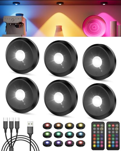 RGB Vitrinenbeleuchtung LED Kabellos mit Fernbedienung, 13 Farbig 2400mAh LED Spot Akku USB Aufladbar Unterbauleuchte Küche Rund Timer Schrankleuchte Magnetisch Regalbeleuchtung für Schrank Vitrine von Tedmos