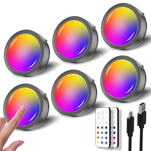 USB Aufladbar RGB LED Spot Akku, Schwarz Wiederaufladbar Kabellos Vitrinenbeleuchtung mit Fernbedienung und Timer Magnetisch Unterbauleuchte Küche LED Rund Farbwechsel Touch Schrankleuchte zum Kleben von Tedmos