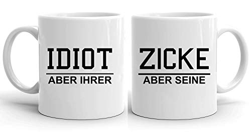 Idiot Zicke - Tassen Kaffeetassen 2er Set Hochzeitsgeschenk Kaffeebecher Set, Hochzeit Valentinstag Pärchen Ehepaar Freunde, Farbe:Weiß von Tee Kiki