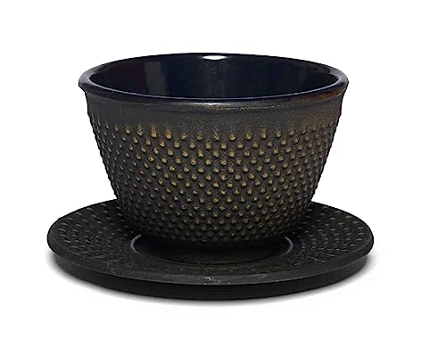 Maoci Gusseisen Teecup/Teeschale/Teetasse Arare schwarz-gold mit Unterteller von Teeladen Herzberg