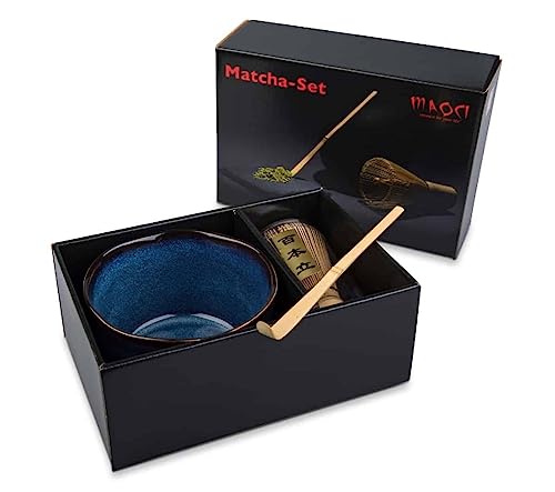 Teeladen Herzberg MAOCI Matcha Tee Set dreiteilig (blau) mit Matchaschale, Matchabesen und Matchalöffel - Geschenkkarton von Teeladen Herzberg