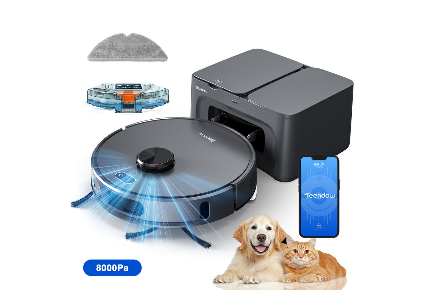 Teendow Saugroboter Saugroboter mit Wischfunktion, LIDAR-Navigation, Leise, 850 W, mit Beutel, 4 Leistungsstufen, App-Steuerung, 3D-Strukturlicht, 3 Wasserstufen von Teendow