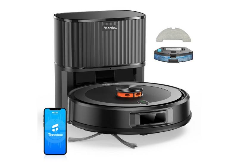 Teendow Saugroboter Staubsaugerroboter mit Mopp Selbstentleerungsstation LDS Auto-Charge, ohne Bag, Akku,Sprachsteuerung,4500 Pa,1290m² von Teendow