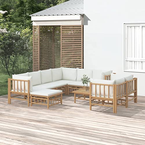 10-TLG. Garten-Lounge-Set, Bambus Natur-Finish, Cremeweiße Kissen, Modulares Outdoor Möbel-Set für Terrasse Balkon, Robust Bequem von Teenpull