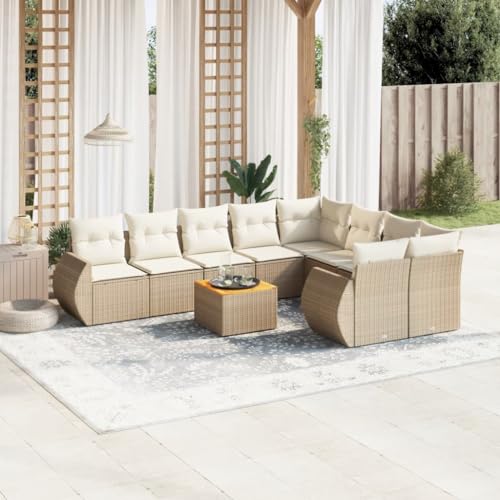 10-TLG. Garten-Sofagarnitur, Beige Poly Rattan Lounge Set mit Kissen, UV-beständig, Modulares Design für Terrasse, Balkon, Außenbereich von Teenpull