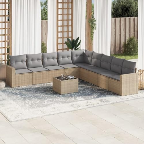 10-TLG. Garten-Sofagarnitur, Beige Poly Rattan Outdoor Lounge Set, Modulares Terrassenmöbel mit Kissen & Glastisch für Balkon, Garten 10-TLG. Garten-Sofagarnitur, Beige Poly Rattan Outdoor Lounge Set, Modulares Terrassenmöbel mit Kissen & Glastisch für Balkon, Garten von Teenpull