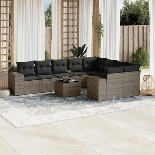 10-TLG. Garten-Sofagarnitur, Grau Poly Rattan Loungemöbel Set, Outdoor Patio Möbel mit Kissen und Glastisch für Balkon, Terrasse 10-TLG. Garten-Sofagarnitur, Grau Poly Rattan Loungemöbel Set, Outdoor Patio Möbel mit Kissen und Glastisch für Balkon, Terrasse von Teenpull