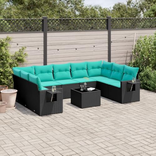 10-teiliges Gartensofa-Set, Schwarz Polyrattan, Modulares Design mit Kissen, Gartentisch Glasplatte, Klappbare Beistelltische, UV-beständig, für Terrasse, Balkon, Außenbereich von Teenpull