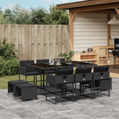 11-TLG. Garten-Essgruppe Schwarz Poly Rattan, Außenbereich Möbel Set mit Klappstühlen, Glastisch, Kissen, UV-beständig für Terrasse, Balkon, Hinterhof von Teenpull