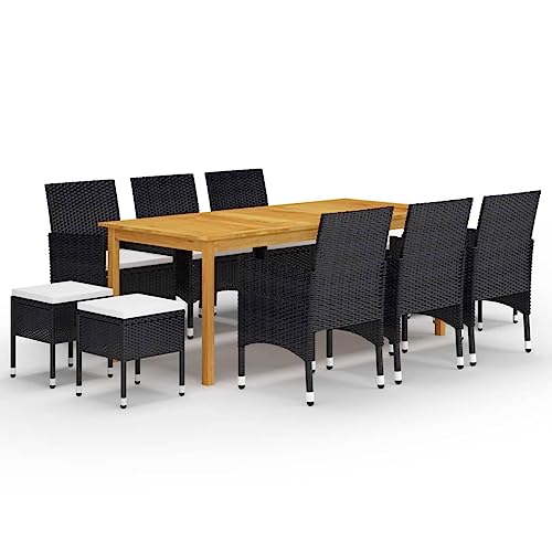 11-TLG. Garten-Essgruppe Schwarz aus Akazienholz & PE-Rattan, Outdoor Möbel Set mit Tisch, 6 Stühlen, 4 Hockern und bequemen Kissen für Terrasse, Balkon von Teenpull