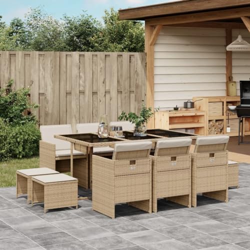 11-TLG. Garten Essgruppe mit Kissen Beige, Poly Rattan Outdoor Möbel Set für Terrasse, Balkon, Garten, platzsparendes Dining Set mit Stühlen, Hockern und Glastisch von Teenpull