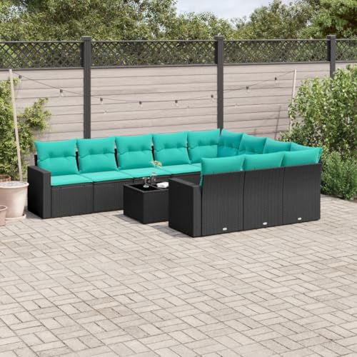 11-TLG. Garten-Sofagarnitur Schwarz Poly Rattan, Modulares Outdoor Möbel Set mit Kissen, Gartentisch Hartglas, UV-beständig, Loungebereich für Terrasse, Balkon, Veranda von Teenpull