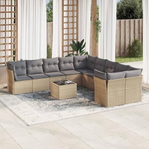 11-TLG. Garten-Sofagarnitur mit Kissen, Beige Poly Rattan Outdoor Lounge Set, Modulare Patio Möbel mit Glastisch für Balkon, Terrasse 11-TLG. Garten-Sofagarnitur mit Kissen, Beige Poly Rattan Outdoor Lounge Set, Modulare Patio Möbel mit Glastisch für Balkon, Terrasse von Teenpull
