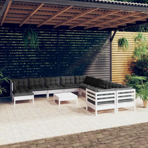 12-TLG. Garten-Lounge-Set, Weißes Kiefernholz-Sofa mit Anthrazit-Kissen für Terrasse, Balkon & Außenbereich, Robustes Modulmöbel-Set von Teenpull