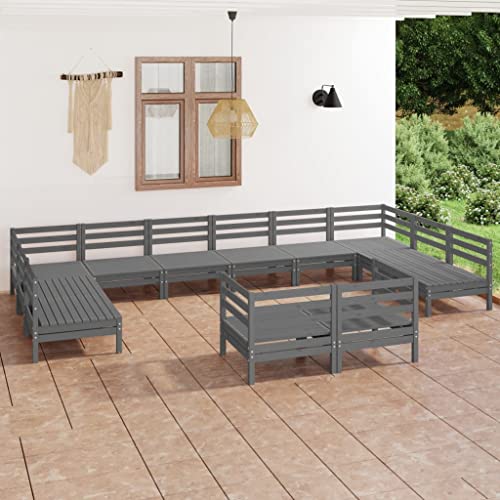 12-TLG. Garten-Lounge-Set Grau Massivholz Kiefer, Modulares Outdoor Palettenmöbel-Set für Terrasse Balkon Hof, Robuste Gartenmöbel Polster von Teenpull