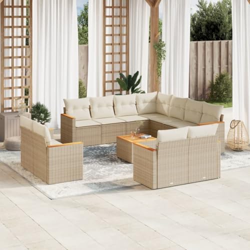 12-TLG. Garten-Sofagarnitur, Beige Poly Rattan Outdoor Lounge Set mit Kissen, Akazienholz Tisch, UV-beständig, Modulares Gartenmöbel-Set für Terrasse & Balkon von Teenpull