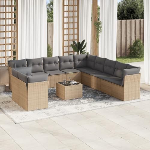 12-TLG. Garten-Sofagarnitur mit Kissen, Beige Poly Rattan Outdoor Möbel Set mit Glastisch, UV-beständig für Terrasse Balkon Hof 12-TLG. Garten-Sofagarnitur mit Kissen, Beige Poly Rattan Outdoor Möbel Set mit Glastisch, UV-beständig für Terrasse Balkon Hof von Teenpull