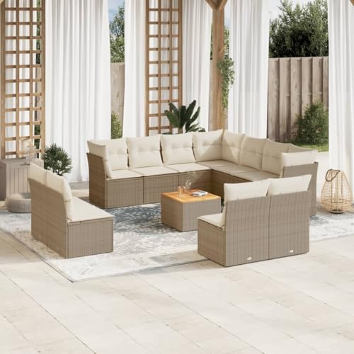 12-TLG. Garten-Sofagarnitur mit Kissen Beige Poly Rattan, Modulares Outdoor Möbel Set mit Akazienholz Tisch für Terrasse, Balkon, Garten von Teenpull