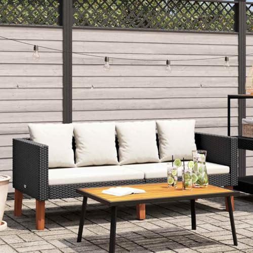 2-Sitzer-Gartensofa, Poly Rattan Schwarz mit cremeweißen Kissen, 165 cm breit, Robustes Outdoor Loungesofa für Terrasse, Balkon von Teenpull