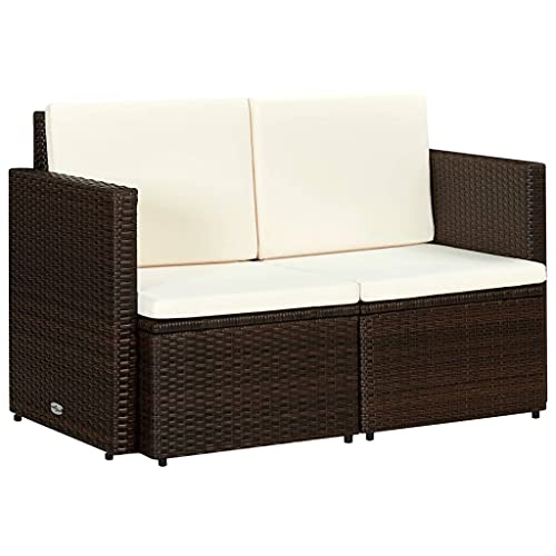 2-Sitzer-Gartensofa aus braunem Poly Rattan mit cremeweißen Auflagen, Robustes Outdoor Loungesofa für Terrasse & Balkon, wetterfestes Gartenmöbel-Set mit Stahlrahmen von Teenpull