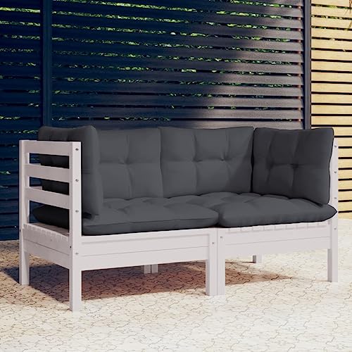 2-Sitzer-Gartensofa aus massivem Kiefernholz, Weiß, Anthrazit Kissen, modular, für Outdoor Patio Lounge Set, Bequeme Terrassenmöbel von Teenpull