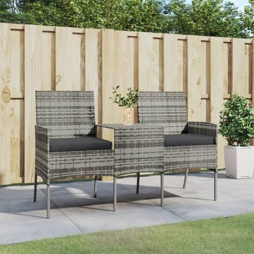 2-Sitzer-Gartensofa aus robustem PE-Rattan, Anthrazit, mit integriertem Teetisch, 151x61x85cm, für Outdoor Patio und Balkon, inklusive bequemer Kissen von Teenpull