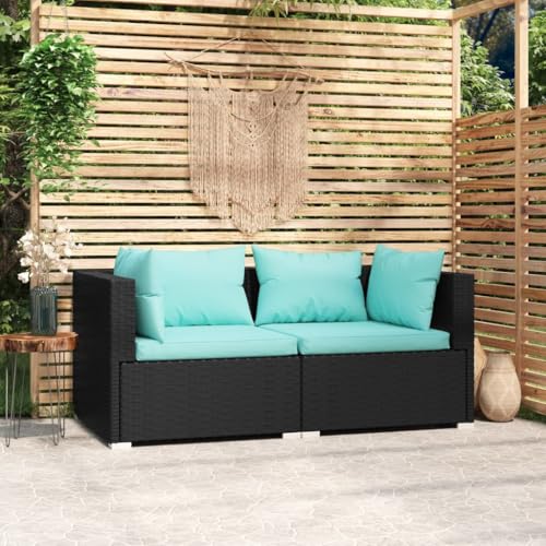 2-Sitzer-Sofa Schwarz, Poly Rattan Gartenmöbel mit Kissen, Wasserdicht, Modulares Design für Terrasse, Balkon, Außenbereich, Modernes Freizeit-Set von Teenpull