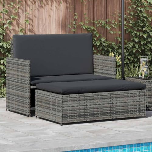 2-TLG. Garten-Lounge-Set aus wetterfestem Poly Rattan Grau mit verstellbarem Sofa und Hocker, ideal für Terrasse, Balkon & Outdoor-Bereiche, inklusive Dicker Polsterauflagen von Teenpull