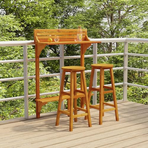 3-TLG. Balkonbar-Set Massivholz Akazie, geölt, 90x37x122,5 cm, für Terrasse und Garten, Robustes Outdoor Patio Möbelset mit 2 Barhockern von Teenpull