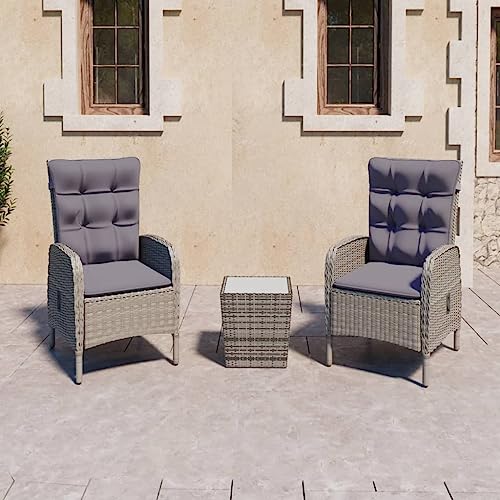 3-TLG. Bistro-Set Poly Rattan und Glas Grau, verstellbare Sessel mit Kissen, wetterfestes Gartenmöbel-Set für Balkon Terrasse und Außenbereich 3-TLG. Bistro-Set Poly Rattan und Glas Grau, verstellbare Sessel mit Kissen, wetterfestes Gartenmöbel-Set für Balkon Terrasse und Außenbereich von Teenpull