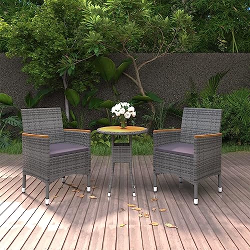 3-TLG. Garten-Essgruppe, Poly Rattan Grau, 60 cm Massivholz-Tisch, Bequeme Stühle mit Kissen, Outdoor Möbel Set für Terrasse, Balkon, Essbereich von Teenpull